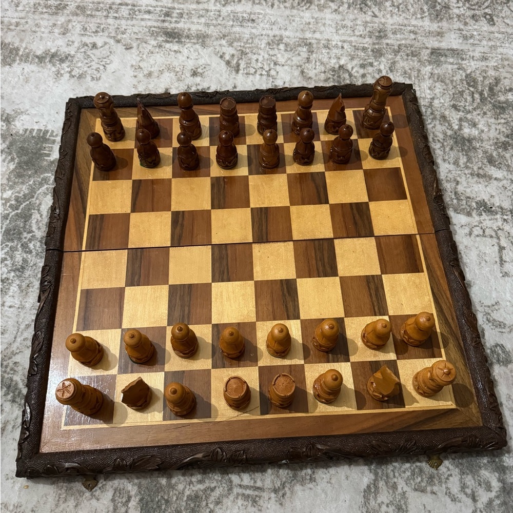 VTG‎ Hand Carved Wooden Chess Set, Checkers Set